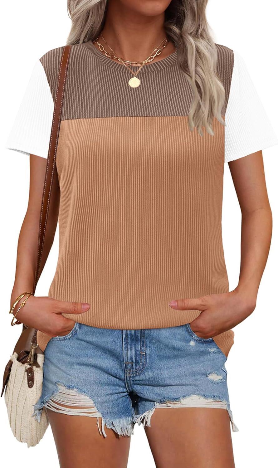 imageZeagoo Womens Casual Summer Tops Short Sleeve T Shirts Crewneck Basic Tees Blouses Color Block Tunic TopsWhite Khaki01