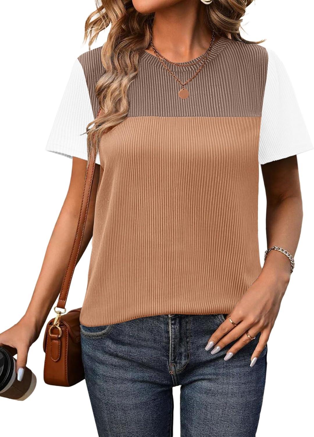 imageZeagoo Womens Casual Summer Tops Short Sleeve T Shirts Crewneck Basic Tees Blouses Color Block Tunic TopsWhite Khaki01