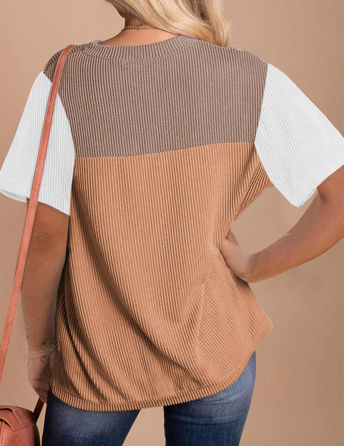 imageZeagoo Womens Casual Summer Tops Short Sleeve T Shirts Crewneck Basic Tees Blouses Color Block Tunic TopsWhite Khaki01