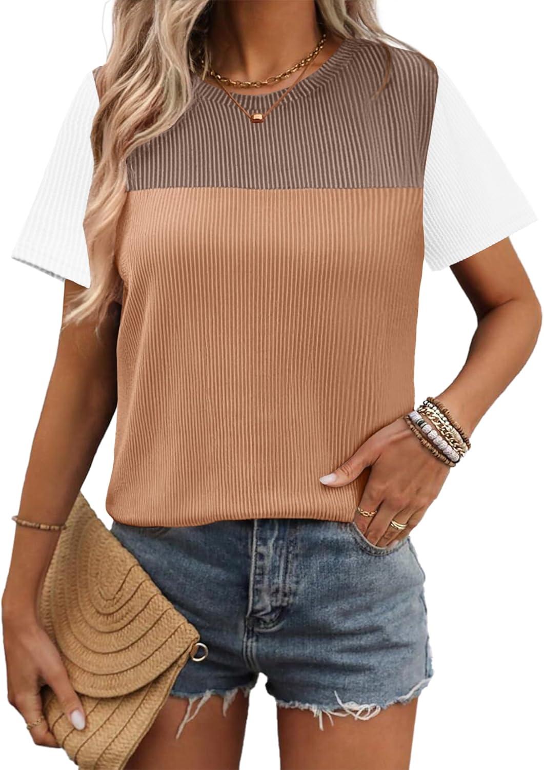 imageZeagoo Womens Casual Summer Tops Short Sleeve T Shirts Crewneck Basic Tees Blouses Color Block Tunic TopsWhite Khaki01