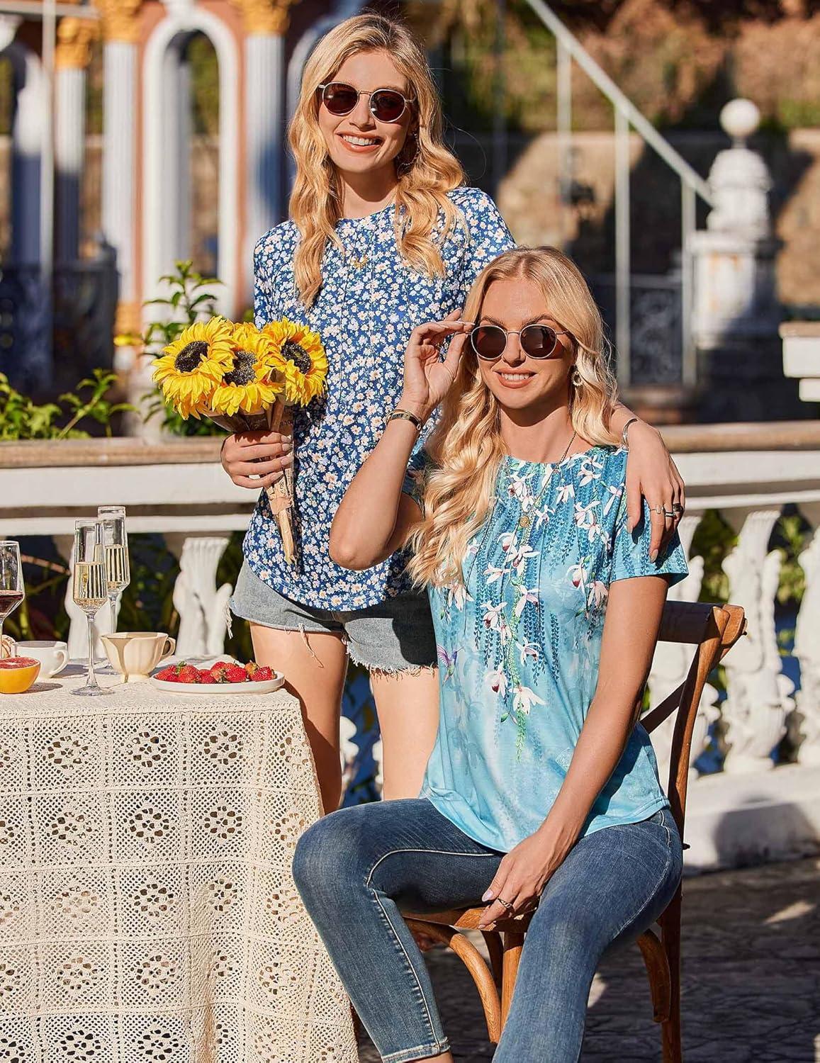 imageZeagoo Womens Casual T Shirts for Summer 2025 Short Sleeve Crewneck Tunic Shirts Floral Print Tops Pleated Dressy BlouseBlue Floral