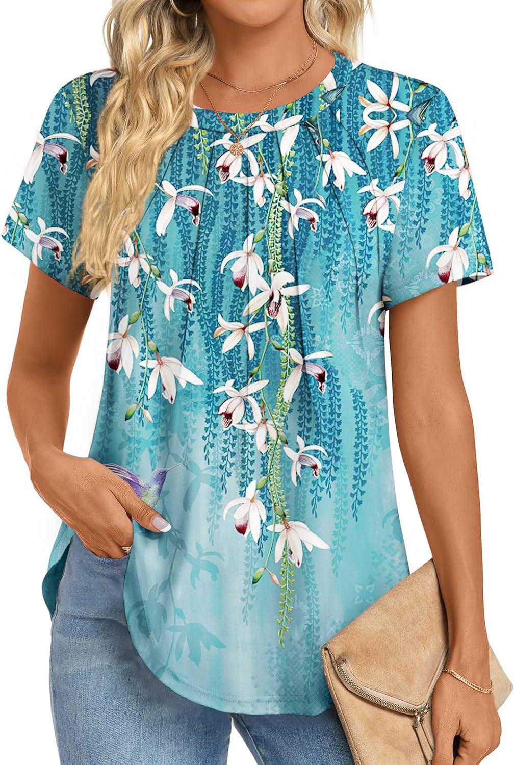 imageZeagoo Womens Casual T Shirts for Summer 2025 Short Sleeve Crewneck Tunic Shirts Floral Print Tops Pleated Dressy BlouseBlue Floral