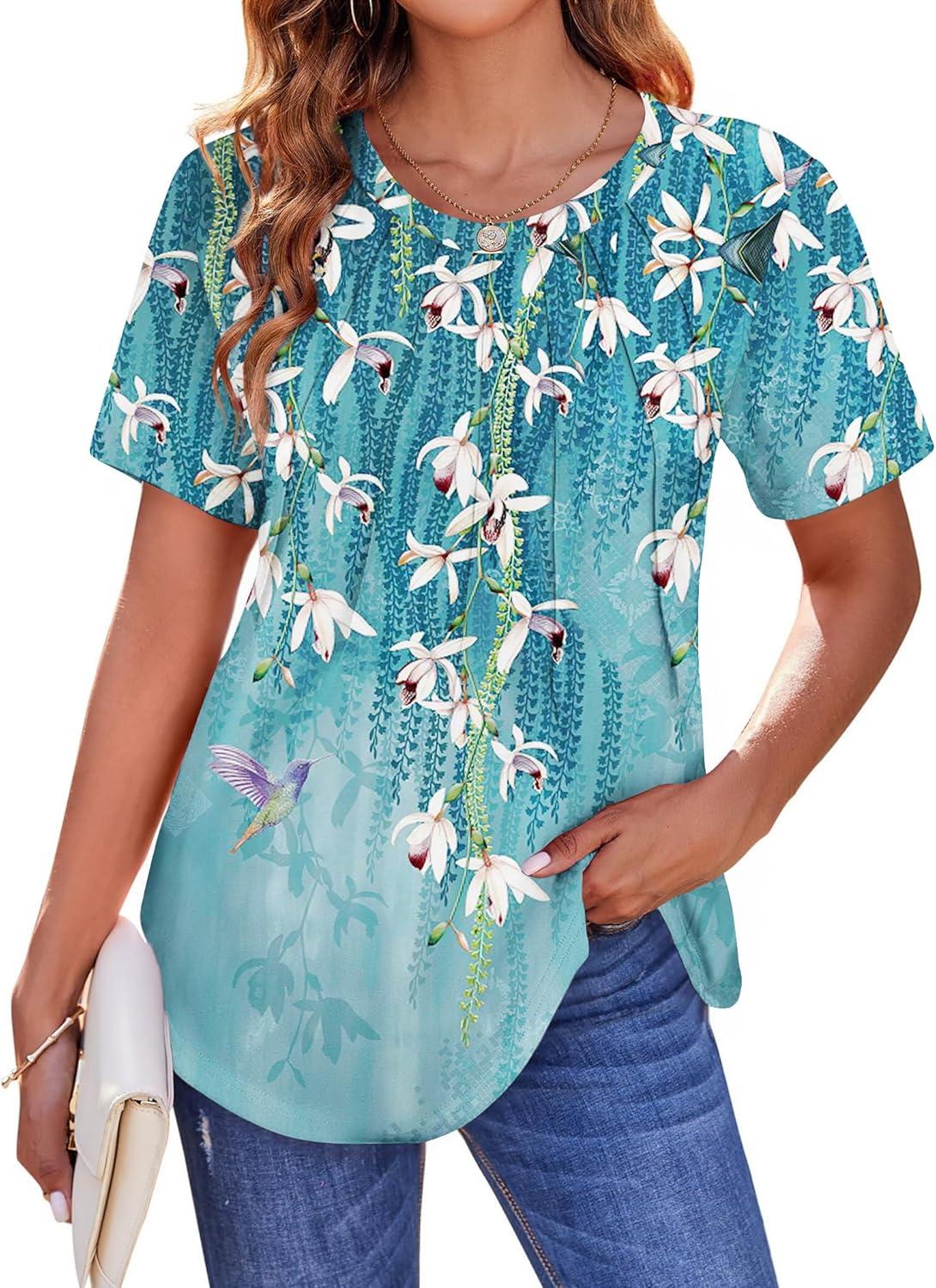 imageZeagoo Womens Casual T Shirts for Summer 2025 Short Sleeve Crewneck Tunic Shirts Floral Print Tops Pleated Dressy BlouseBlue Floral