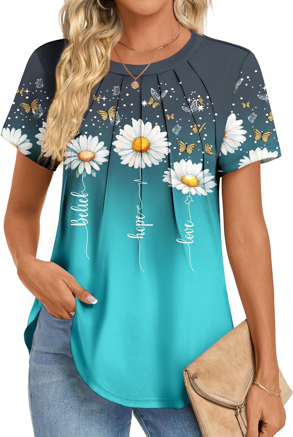 imageZeagoo Womens Casual T Shirts for Summer 2025 Short Sleeve Crewneck Tunic Shirts Floral Print Tops Pleated Dressy BlouseDaisy Print