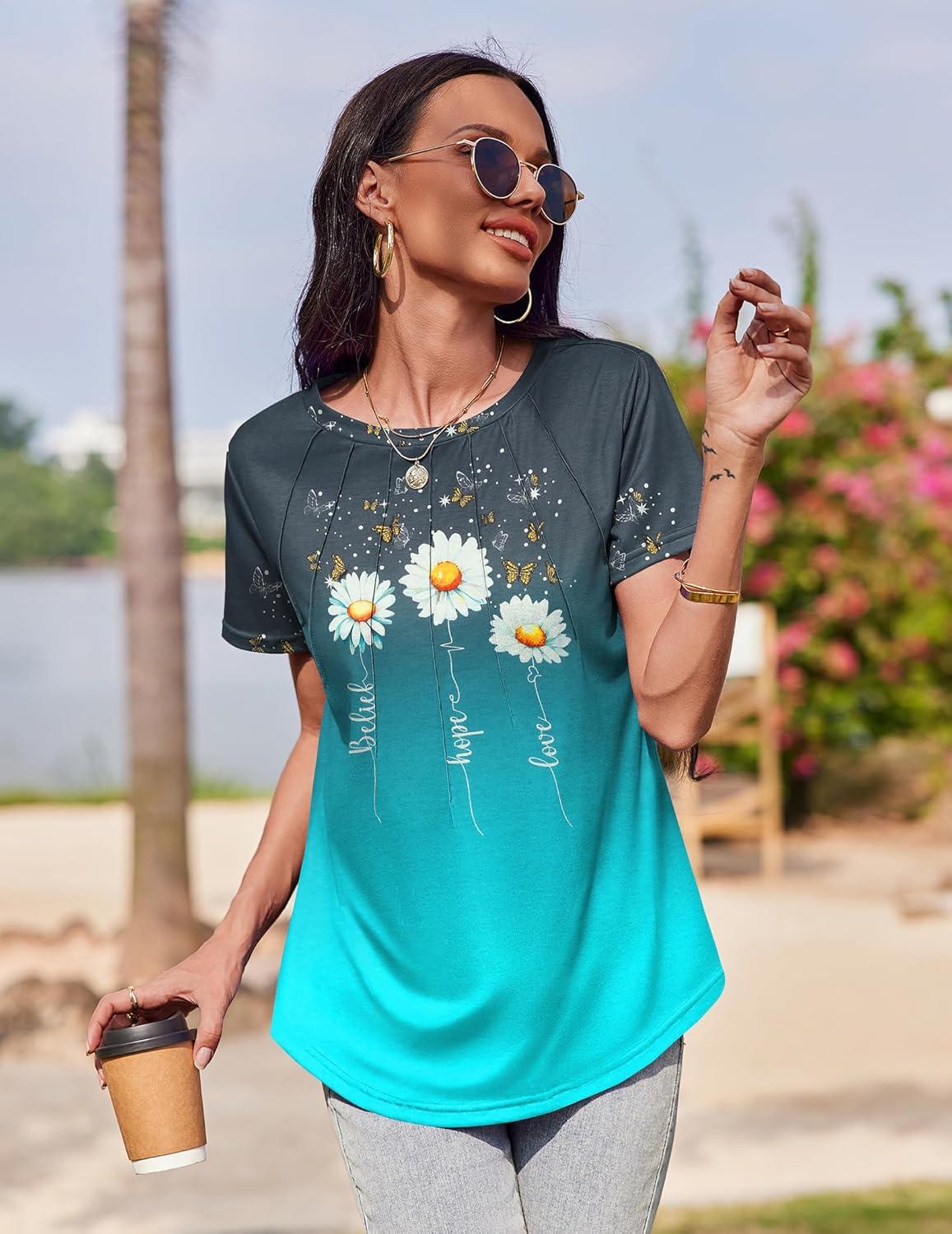 imageZeagoo Womens Casual T Shirts for Summer 2025 Short Sleeve Crewneck Tunic Shirts Floral Print Tops Pleated Dressy BlouseDaisy Print