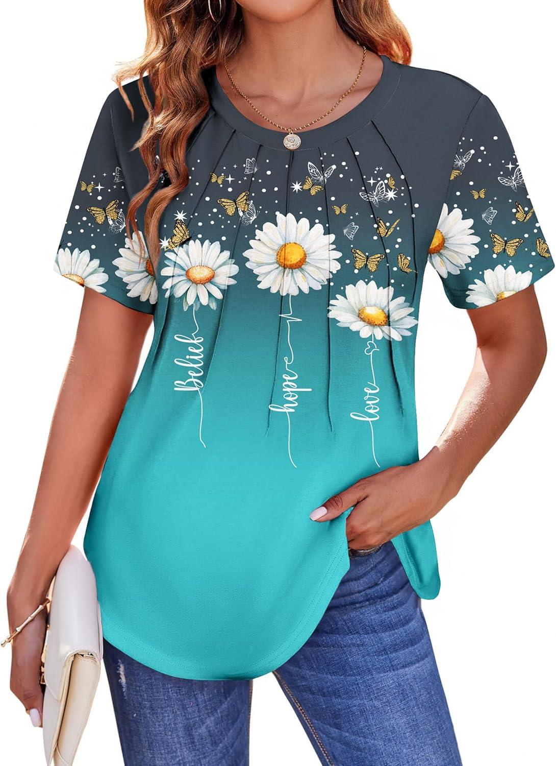 imageZeagoo Womens Casual T Shirts for Summer 2025 Short Sleeve Crewneck Tunic Shirts Floral Print Tops Pleated Dressy BlouseDaisy Print