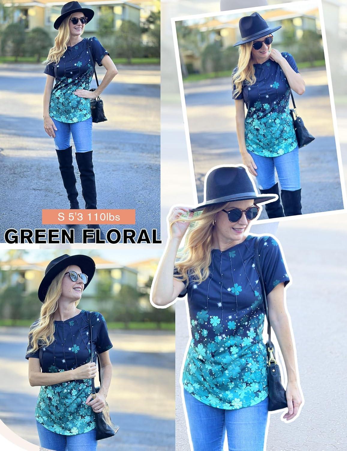 imageZeagoo Womens Casual T Shirts for Summer 2025 Short Sleeve Crewneck Tunic Shirts Floral Print Tops Pleated Dressy BlouseGreen Floral