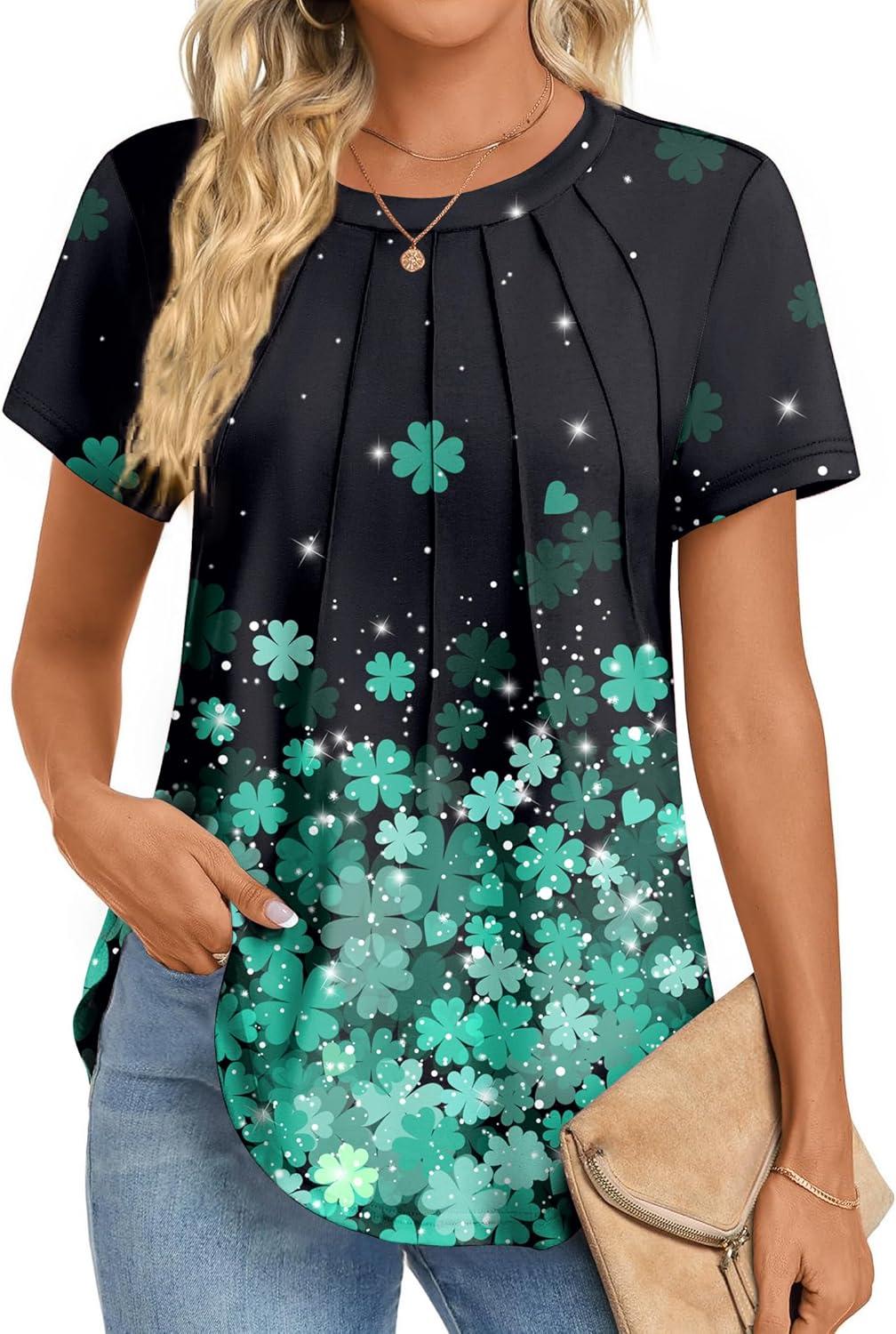 imageZeagoo Womens Casual T Shirts for Summer 2025 Short Sleeve Crewneck Tunic Shirts Floral Print Tops Pleated Dressy BlouseGreen Floral