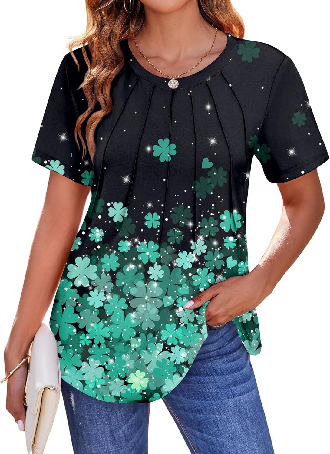 imageZeagoo Womens Casual T Shirts for Summer 2025 Short Sleeve Crewneck Tunic Shirts Floral Print Tops Pleated Dressy BlouseGreen Floral