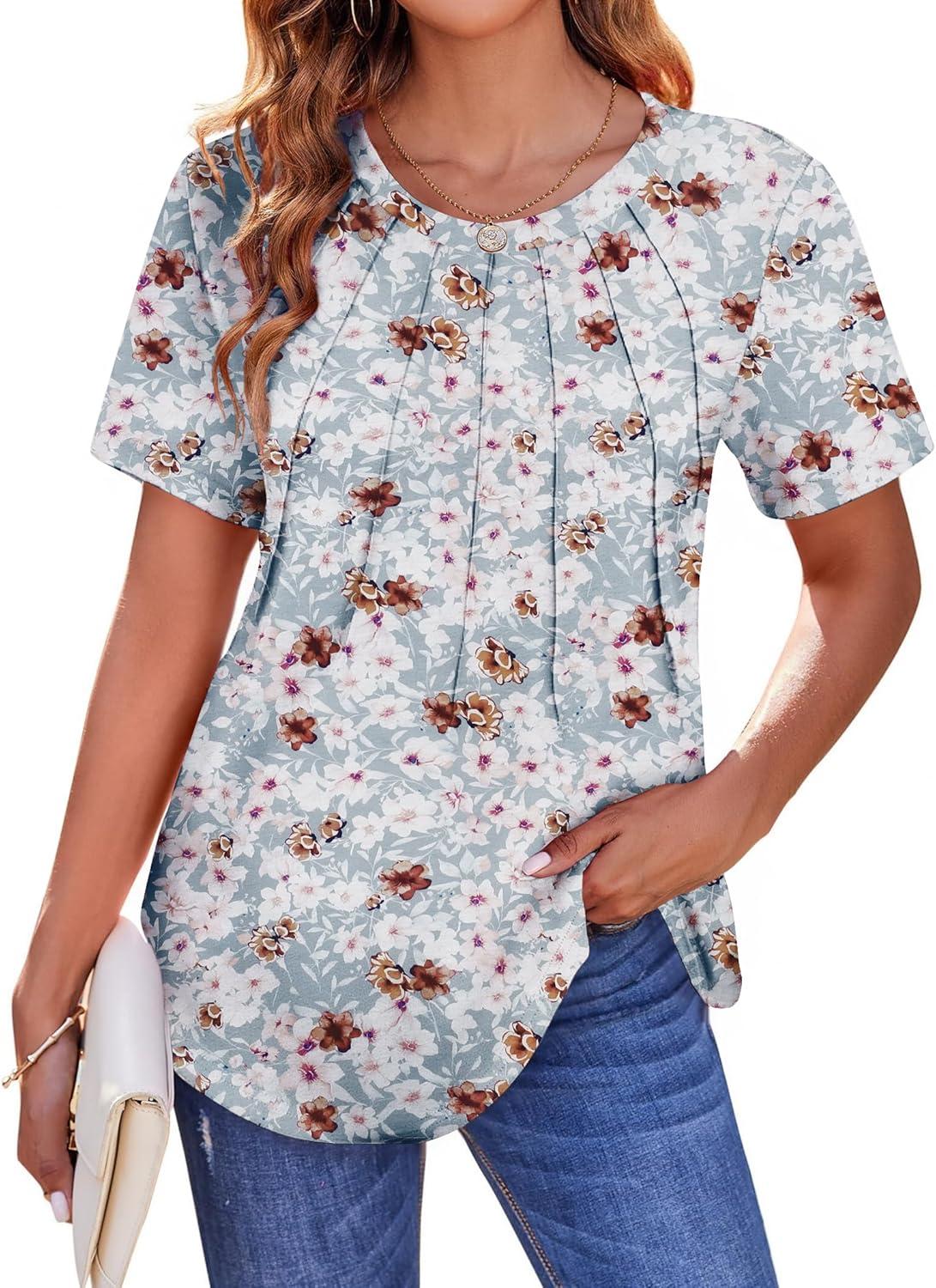 imageZeagoo Womens Casual T Shirts for Summer 2025 Short Sleeve Crewneck Tunic Shirts Floral Print Tops Pleated Dressy BlouseMixed Grey Flower