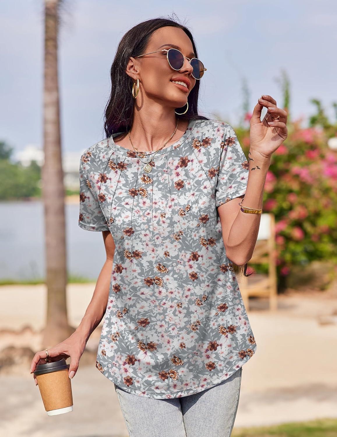 imageZeagoo Womens Casual T Shirts for Summer 2025 Short Sleeve Crewneck Tunic Shirts Floral Print Tops Pleated Dressy BlouseMixed Grey Flower