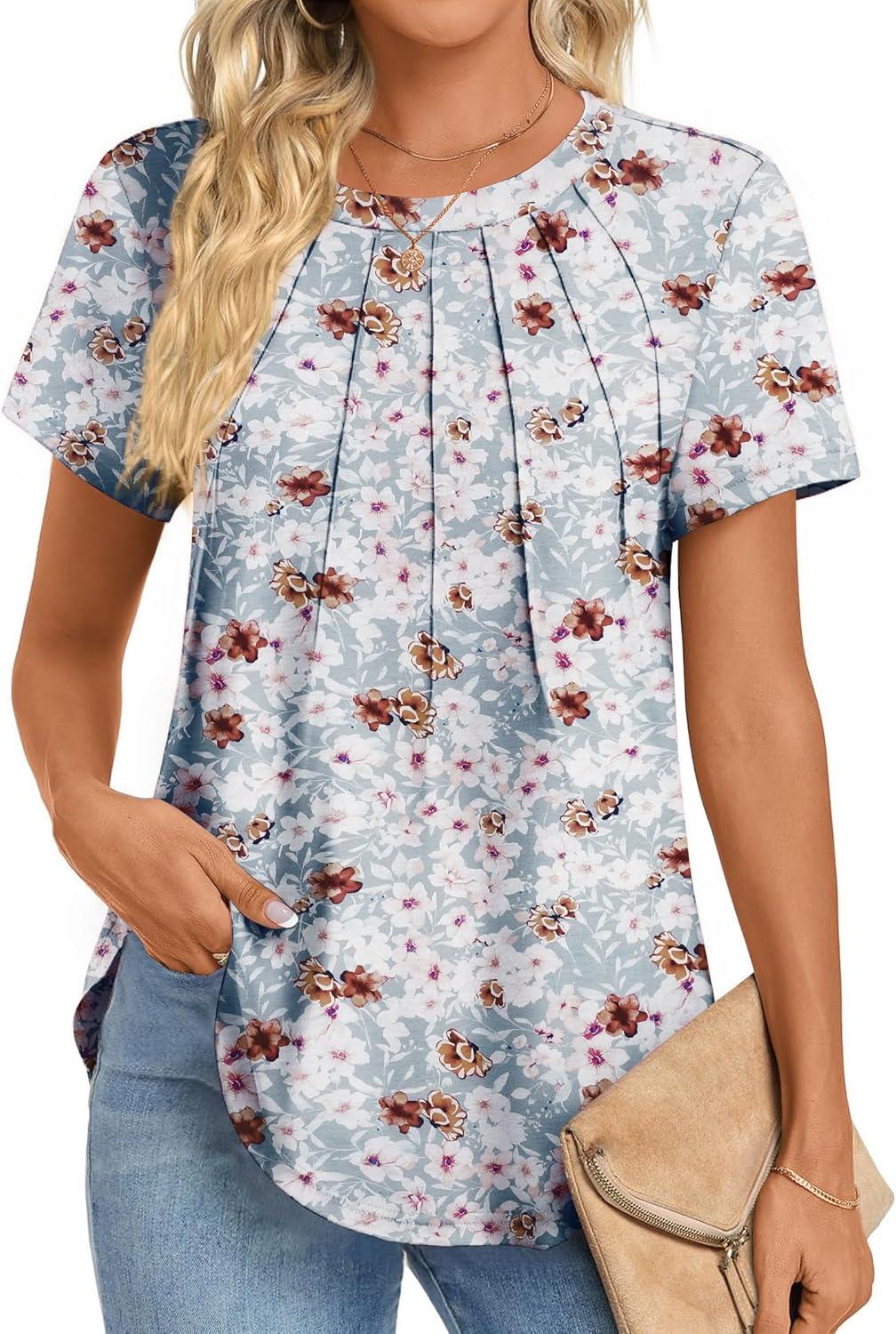 imageZeagoo Womens Casual T Shirts for Summer 2025 Short Sleeve Crewneck Tunic Shirts Floral Print Tops Pleated Dressy BlouseMixed Grey Flower