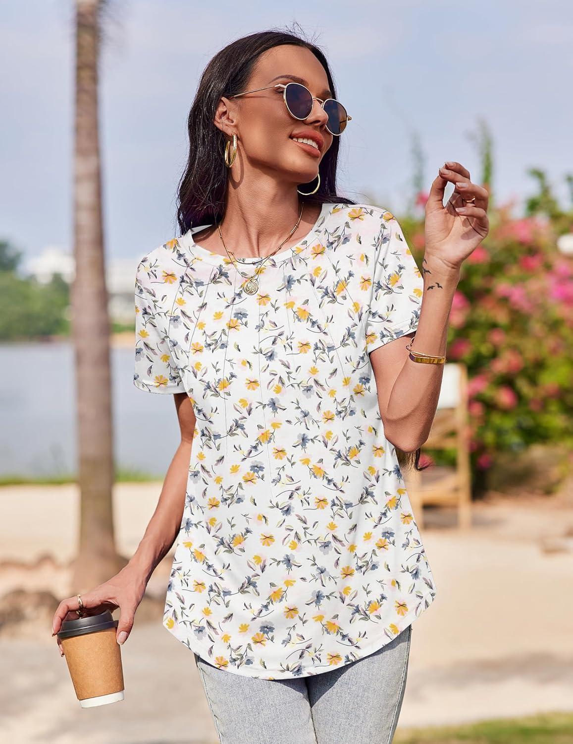 imageZeagoo Womens Casual T Shirts for Summer 2025 Short Sleeve Crewneck Tunic Shirts Floral Print Tops Pleated Dressy BlouseMixed White Flower