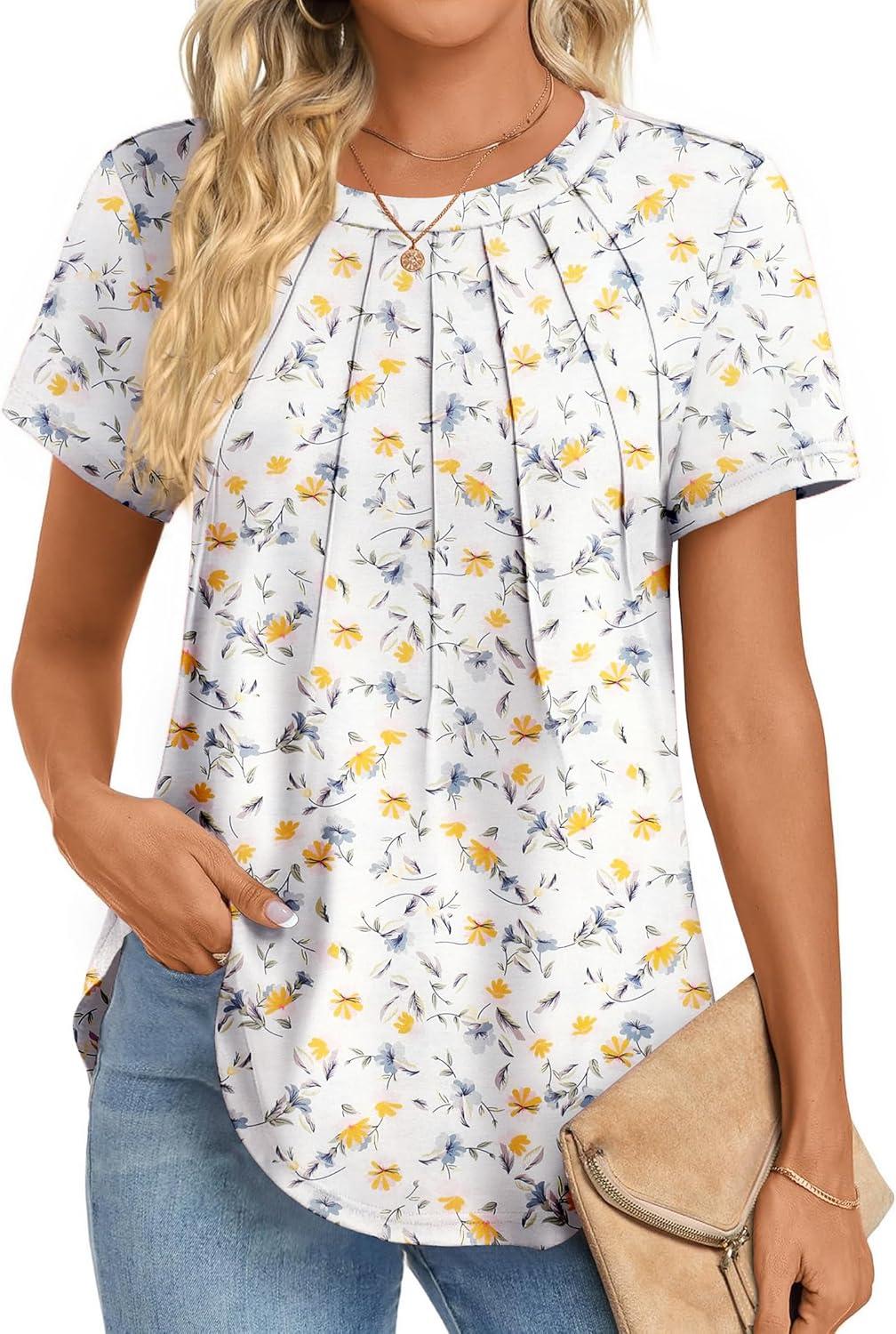imageZeagoo Womens Casual T Shirts for Summer 2025 Short Sleeve Crewneck Tunic Shirts Floral Print Tops Pleated Dressy BlouseMixed White Flower