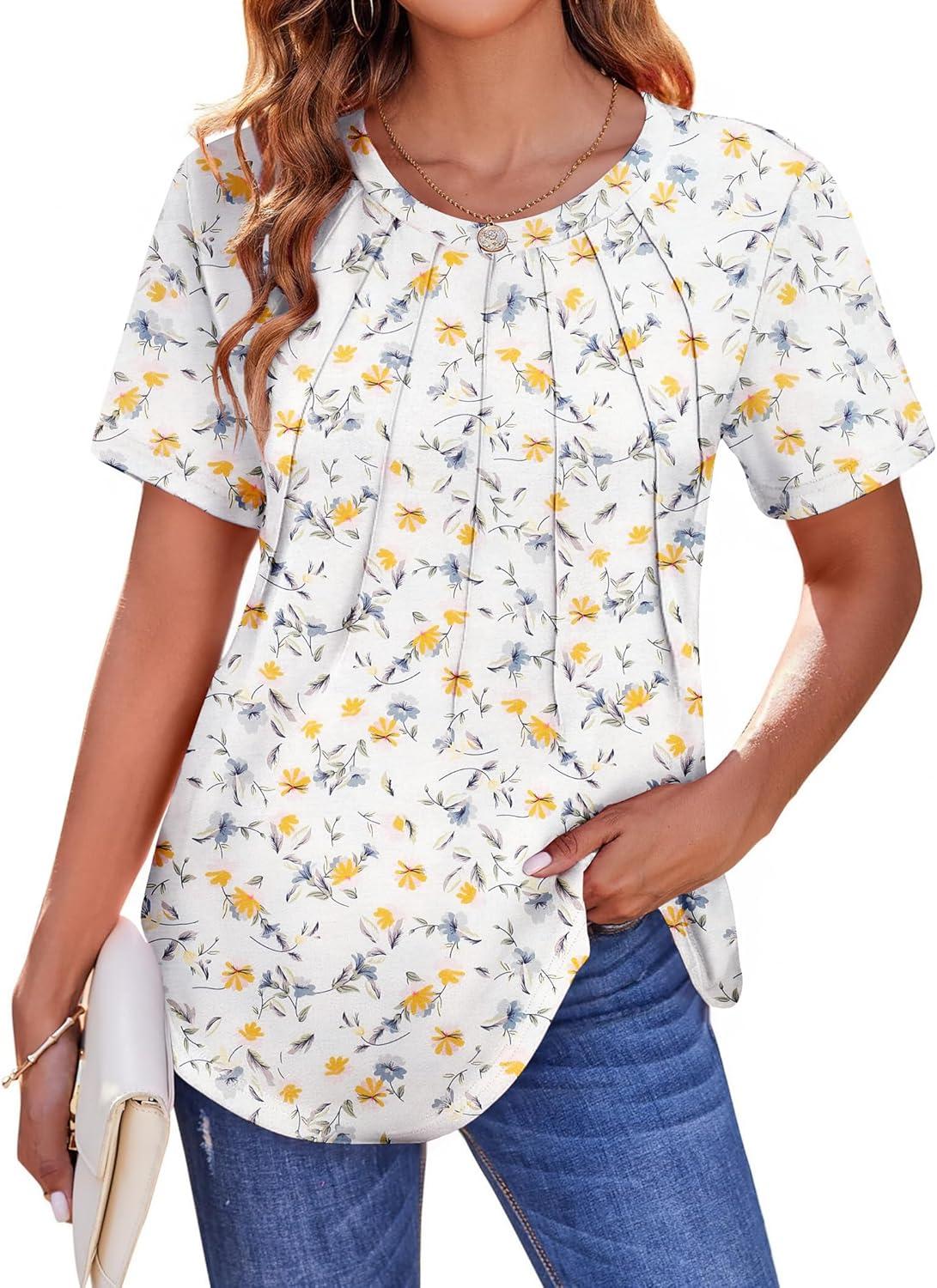 imageZeagoo Womens Casual T Shirts for Summer 2025 Short Sleeve Crewneck Tunic Shirts Floral Print Tops Pleated Dressy BlouseMixed White Flower