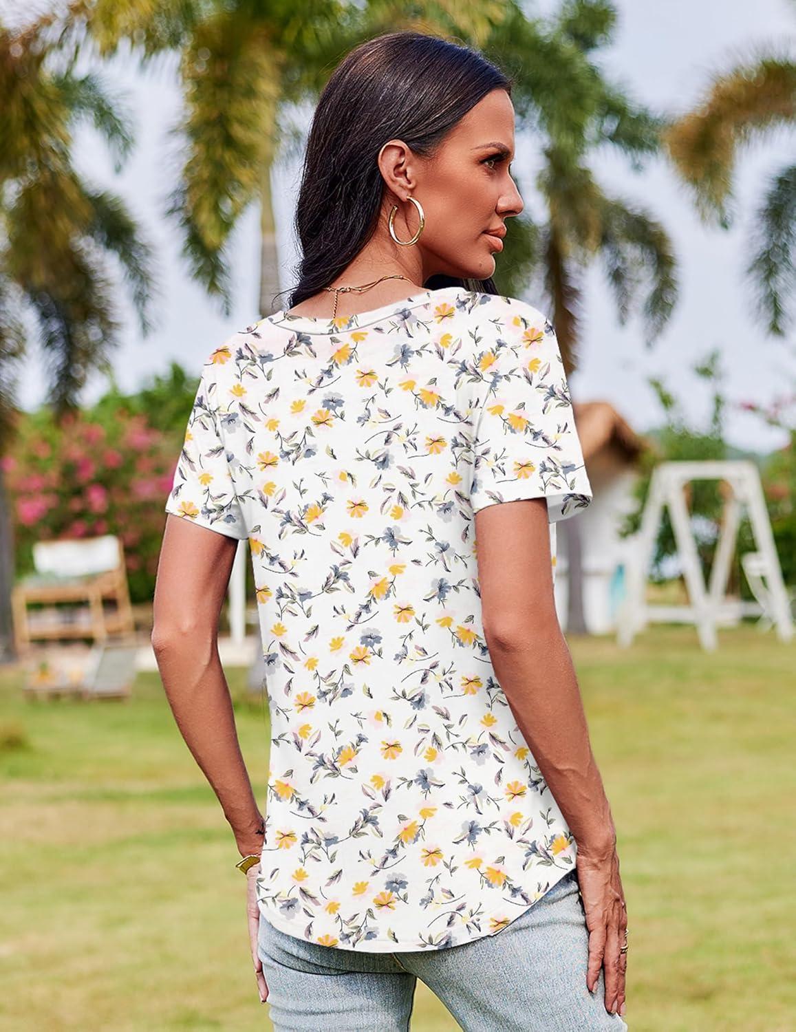 imageZeagoo Womens Casual T Shirts for Summer 2025 Short Sleeve Crewneck Tunic Shirts Floral Print Tops Pleated Dressy BlouseMixed White Flower
