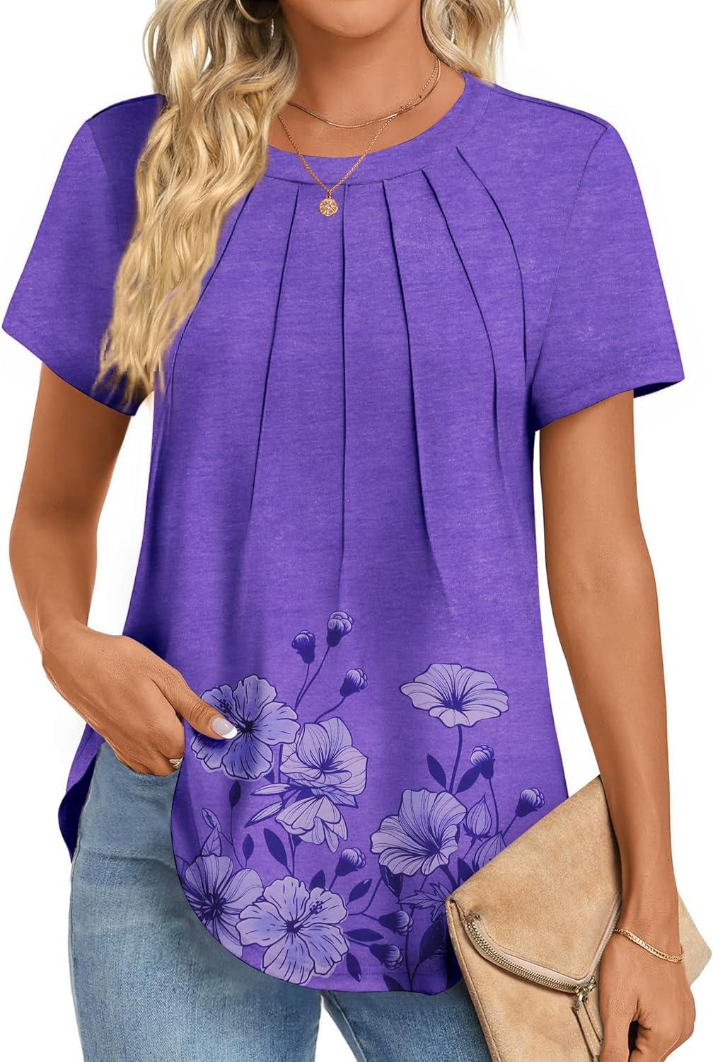 imageZeagoo Womens Casual T Shirts for Summer 2025 Short Sleeve Crewneck Tunic Shirts Floral Print Tops Pleated Dressy BlousePurple Floral