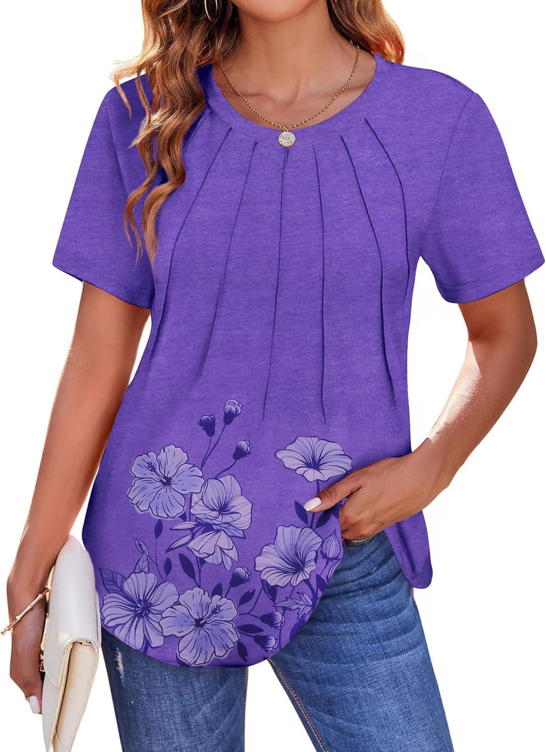 imageZeagoo Womens Casual T Shirts for Summer 2025 Short Sleeve Crewneck Tunic Shirts Floral Print Tops Pleated Dressy BlousePurple Floral