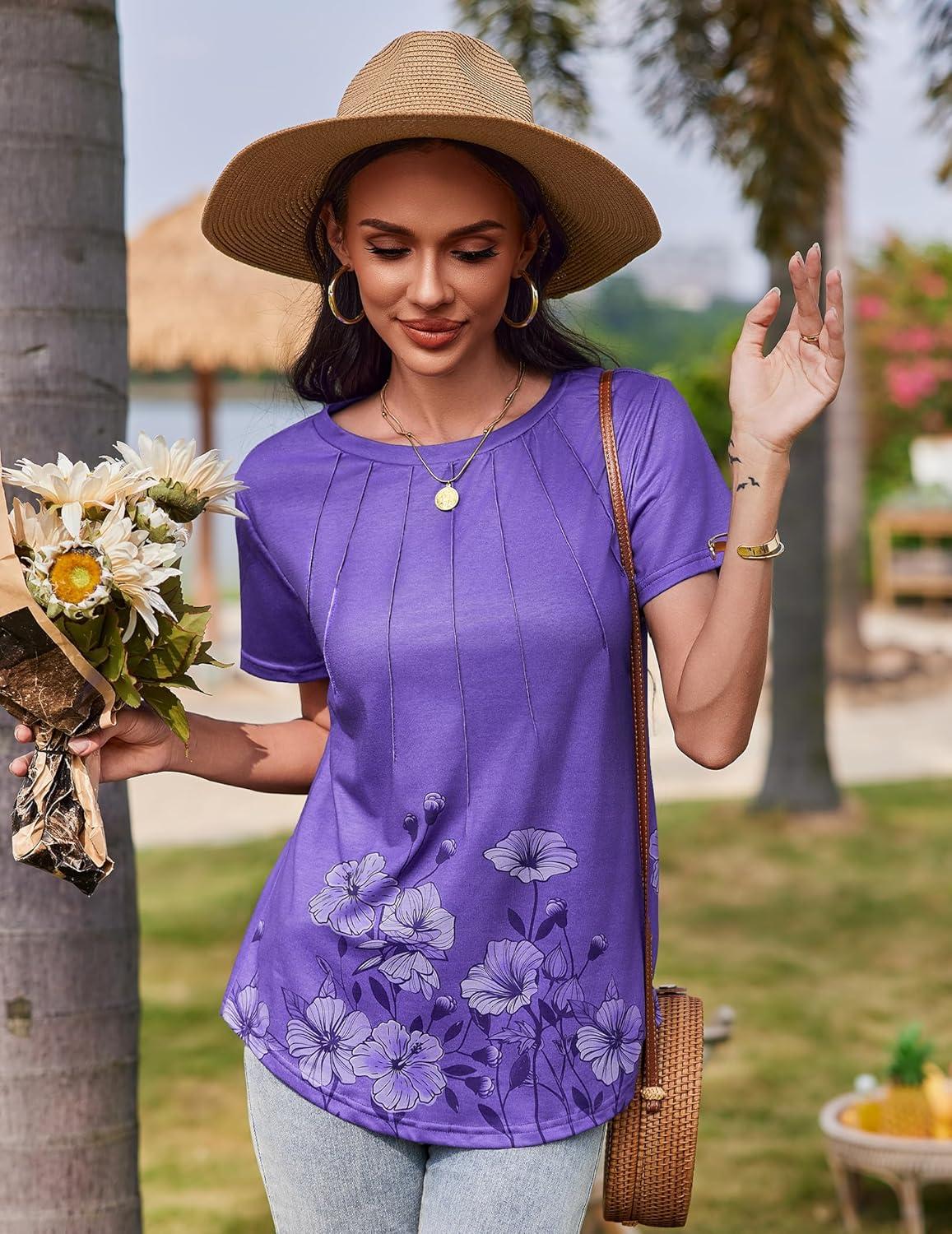 imageZeagoo Womens Casual T Shirts for Summer 2025 Short Sleeve Crewneck Tunic Shirts Floral Print Tops Pleated Dressy BlousePurple Floral