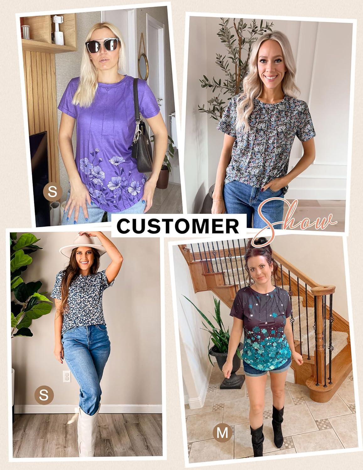 imageZeagoo Womens Casual T Shirts for Summer 2025 Short Sleeve Crewneck Tunic Shirts Floral Print Tops Pleated Dressy BlousePurple Floral