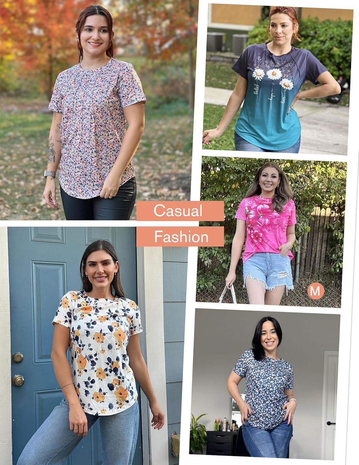imageZeagoo Womens Casual T Shirts for Summer 2025 Short Sleeve Crewneck Tunic Shirts Floral Print Tops Pleated Dressy BlouseRed Floral