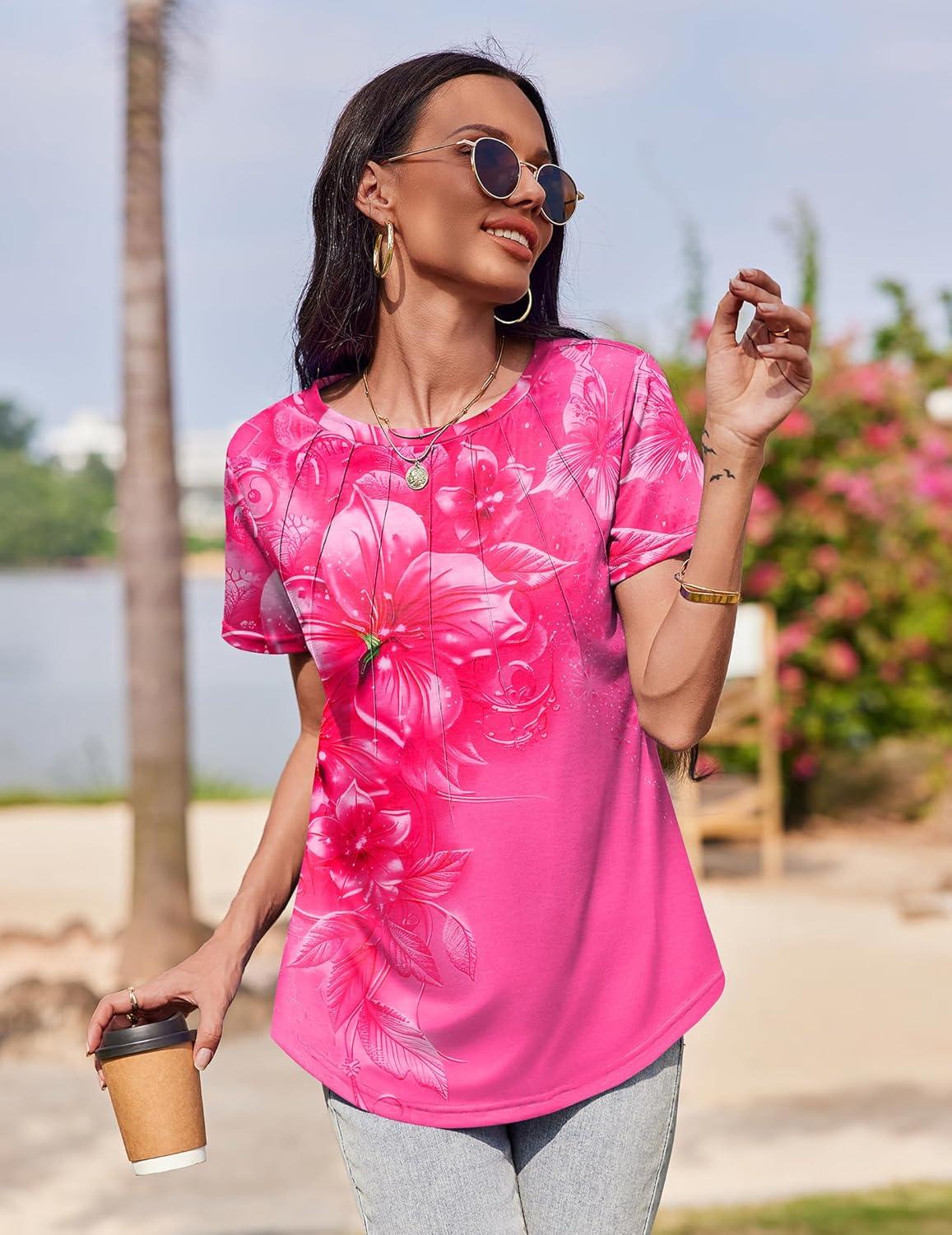imageZeagoo Womens Casual T Shirts for Summer 2025 Short Sleeve Crewneck Tunic Shirts Floral Print Tops Pleated Dressy BlouseRed Floral