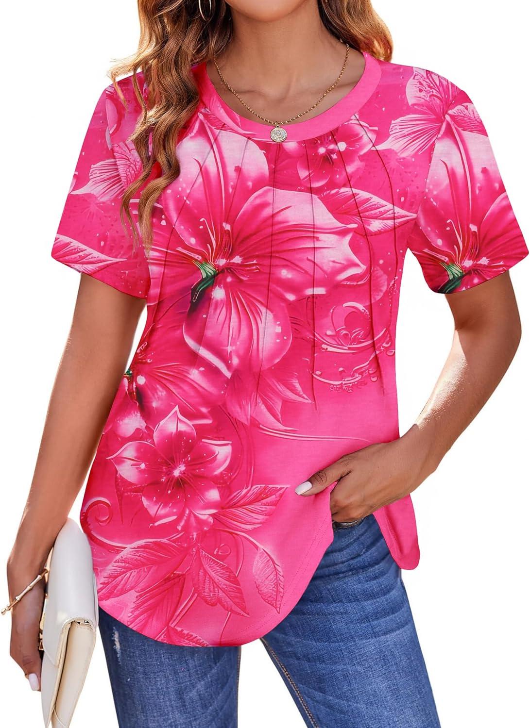 imageZeagoo Womens Casual T Shirts for Summer 2025 Short Sleeve Crewneck Tunic Shirts Floral Print Tops Pleated Dressy BlouseRed Floral
