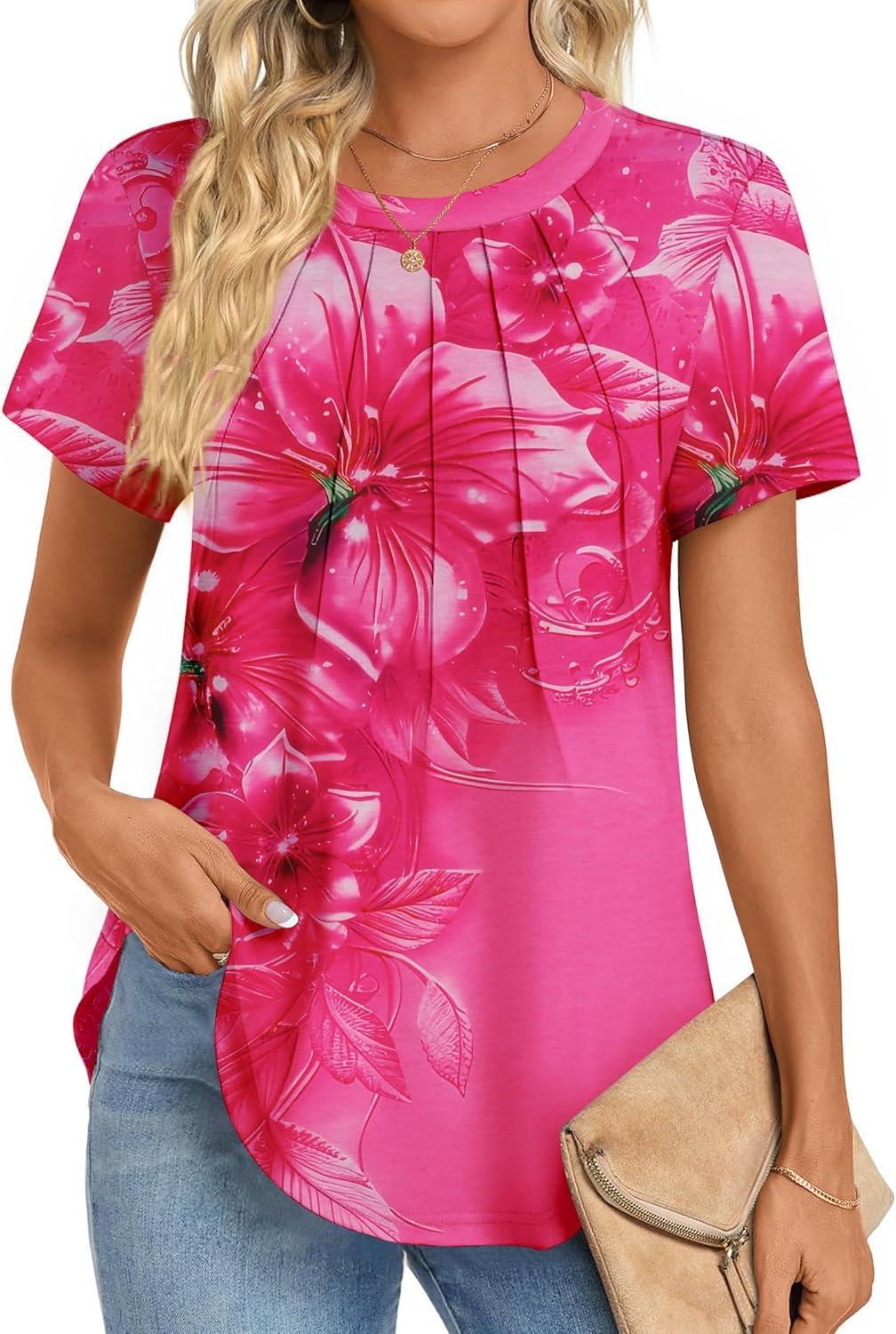 imageZeagoo Womens Casual T Shirts for Summer 2025 Short Sleeve Crewneck Tunic Shirts Floral Print Tops Pleated Dressy BlouseRed Floral