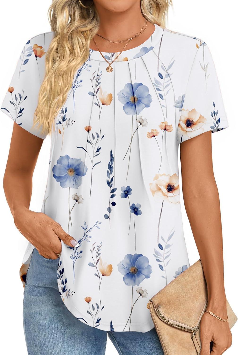 imageZeagoo Womens Casual T Shirts for Summer 2025 Short Sleeve Crewneck Tunic Shirts Floral Print Tops Pleated Dressy BlouseWhite Floral