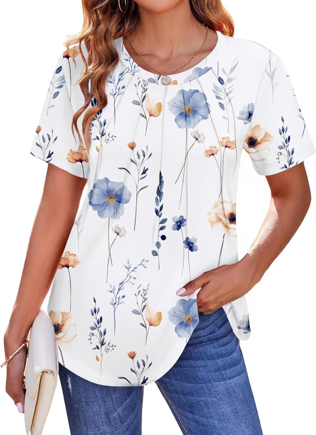imageZeagoo Womens Casual T Shirts for Summer 2025 Short Sleeve Crewneck Tunic Shirts Floral Print Tops Pleated Dressy BlouseWhite Floral