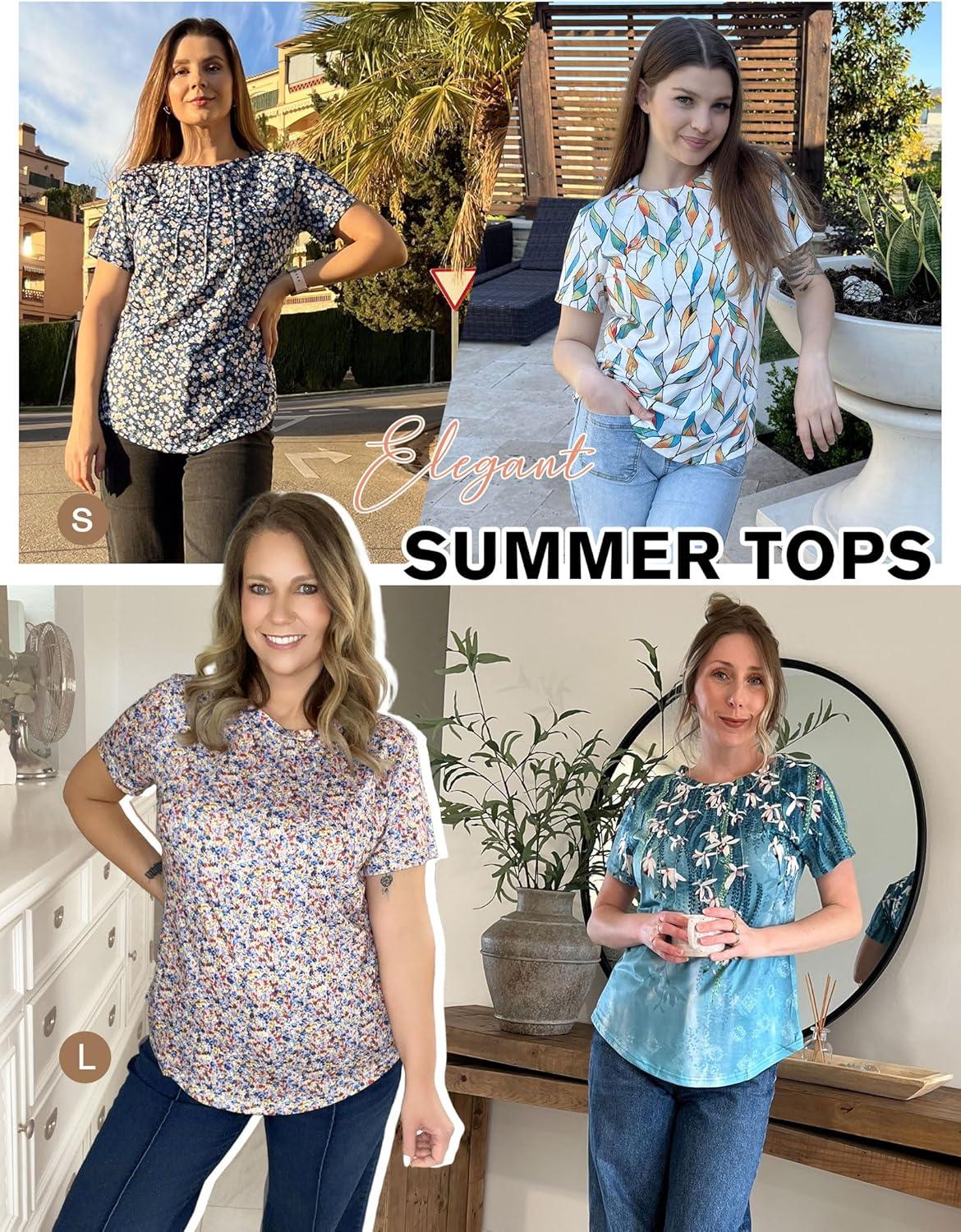 imageZeagoo Womens Casual T Shirts for Summer 2025 Short Sleeve Crewneck Tunic Shirts Floral Print Tops Pleated Dressy BlouseWhite Floral