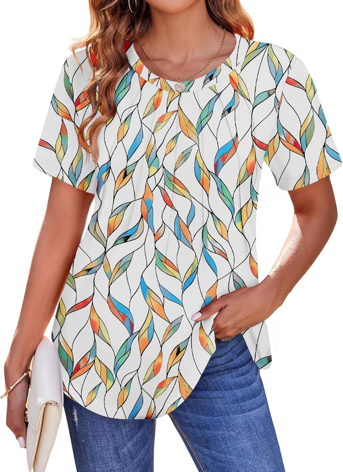 imageZeagoo Womens Casual T Shirts for Summer 2025 Short Sleeve Crewneck Tunic Shirts Floral Print Tops Pleated Dressy BlouseWhite Leaf Print
