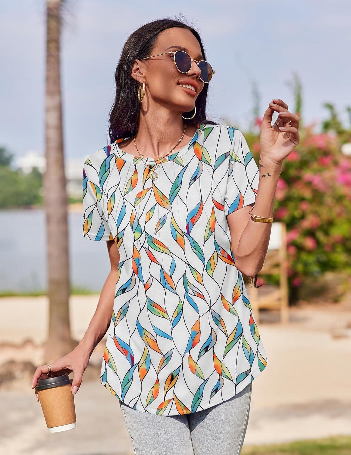 imageZeagoo Womens Casual T Shirts for Summer 2025 Short Sleeve Crewneck Tunic Shirts Floral Print Tops Pleated Dressy BlouseWhite Leaf Print