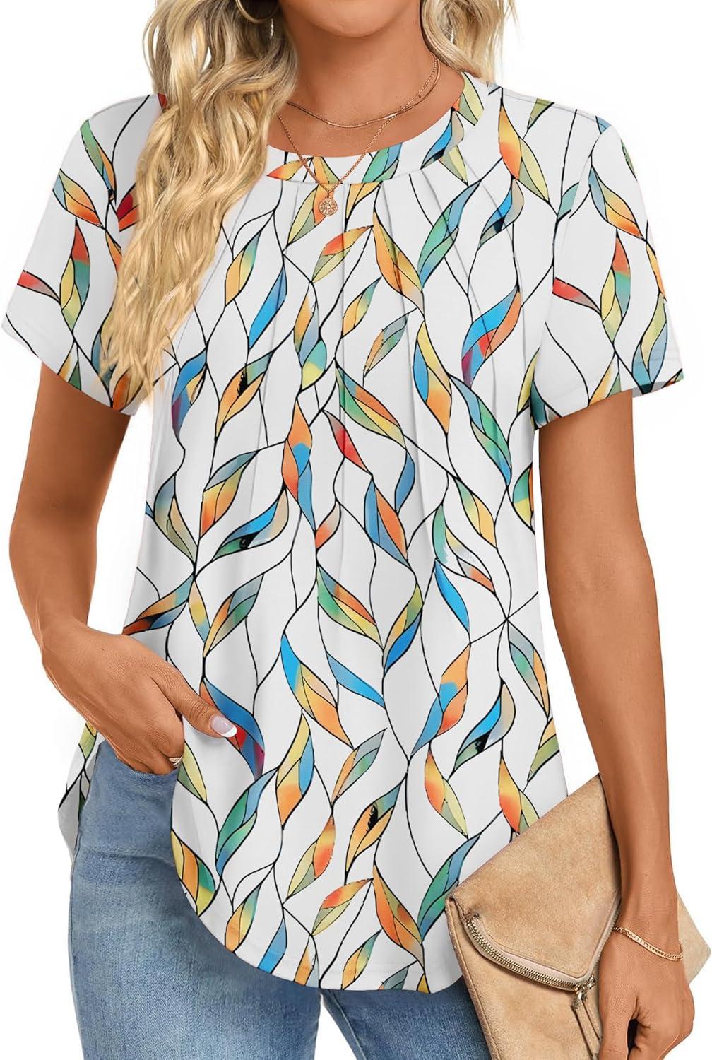 imageZeagoo Womens Casual T Shirts for Summer 2025 Short Sleeve Crewneck Tunic Shirts Floral Print Tops Pleated Dressy BlouseWhite Leaf Print