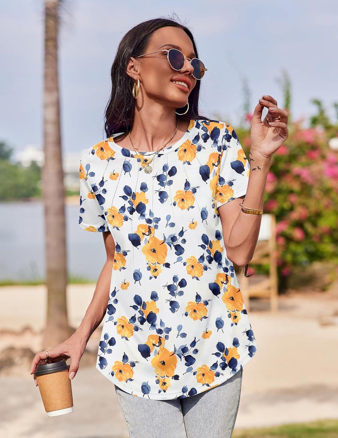 imageZeagoo Womens Casual T Shirts for Summer 2025 Short Sleeve Crewneck Tunic Shirts Floral Print Tops Pleated Dressy BlouseYellow Flower Print