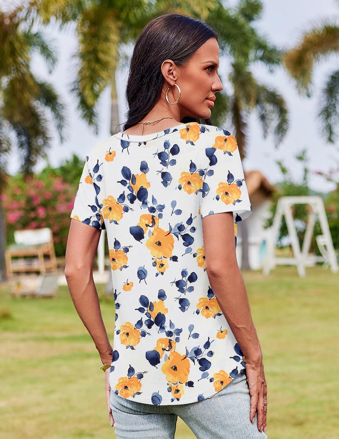 imageZeagoo Womens Casual T Shirts for Summer 2025 Short Sleeve Crewneck Tunic Shirts Floral Print Tops Pleated Dressy BlouseYellow Flower Print