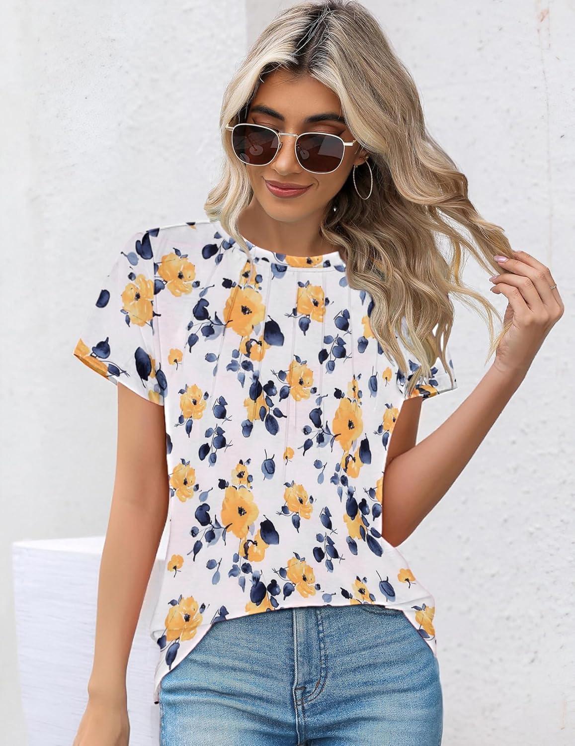 imageZeagoo Womens Casual T Shirts for Summer 2025 Short Sleeve Crewneck Tunic Shirts Floral Print Tops Pleated Dressy BlouseYellow Flower Print