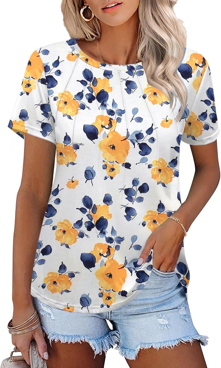 imageZeagoo Womens Casual T Shirts for Summer 2025 Short Sleeve Crewneck Tunic Shirts Floral Print Tops Pleated Dressy BlouseYellow Flower Print