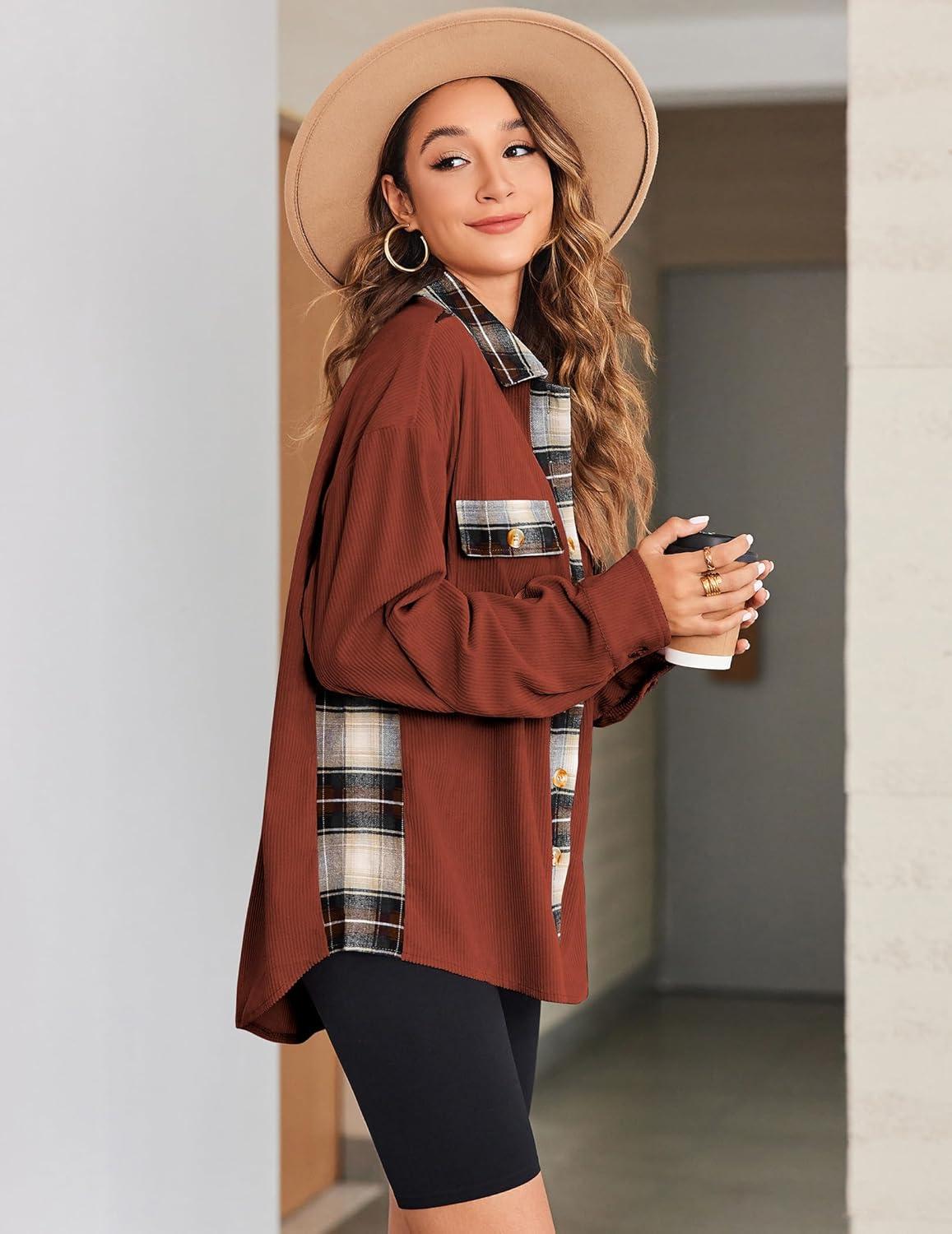 imageZeagoo Womens Corduroy Flannel Shacket Jacket Casual Plaid Button Down Shirts Long Sleeve Fall Tops with PocketsTerracotta