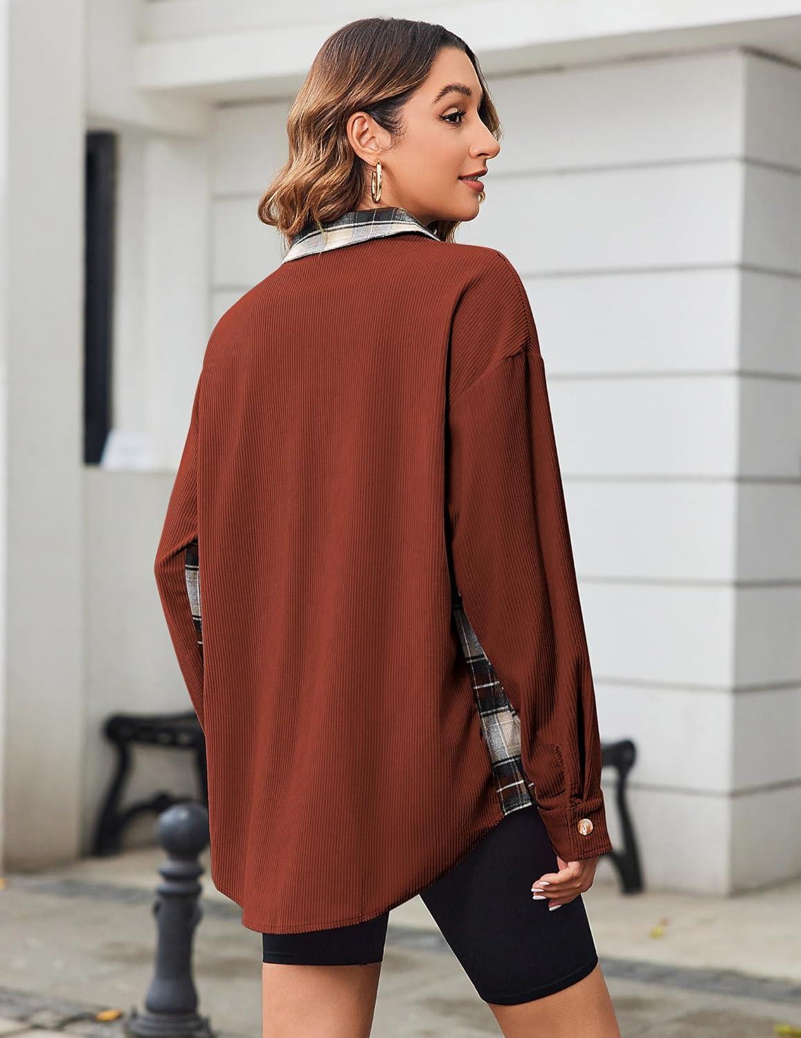imageZeagoo Womens Corduroy Flannel Shacket Jacket Casual Plaid Button Down Shirts Long Sleeve Fall Tops with PocketsTerracotta