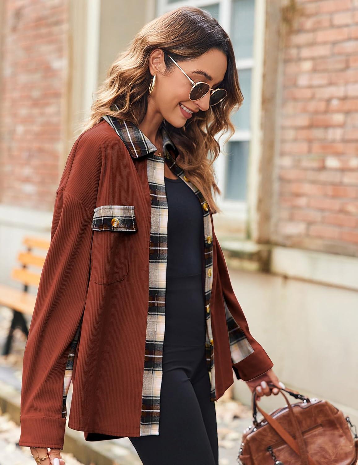 imageZeagoo Womens Corduroy Flannel Shacket Jacket Casual Plaid Button Down Shirts Long Sleeve Fall Tops with PocketsTerracotta