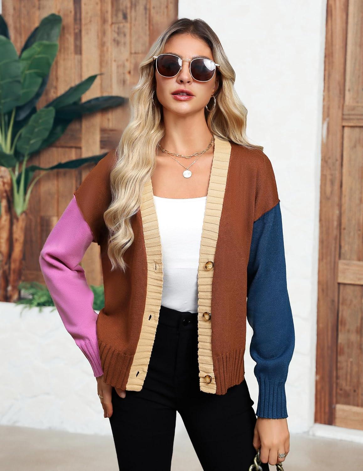 imageZeagoo Womens Cropped Cardigan 2025 Fall Button Sweaters V Neck Long Sleeve Cardigans Knit OutwearColorblockbrown