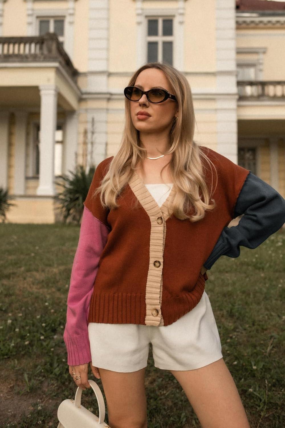 imageZeagoo Womens Cropped Cardigan 2025 Fall Button Sweaters V Neck Long Sleeve Cardigans Knit OutwearColorblockbrown
