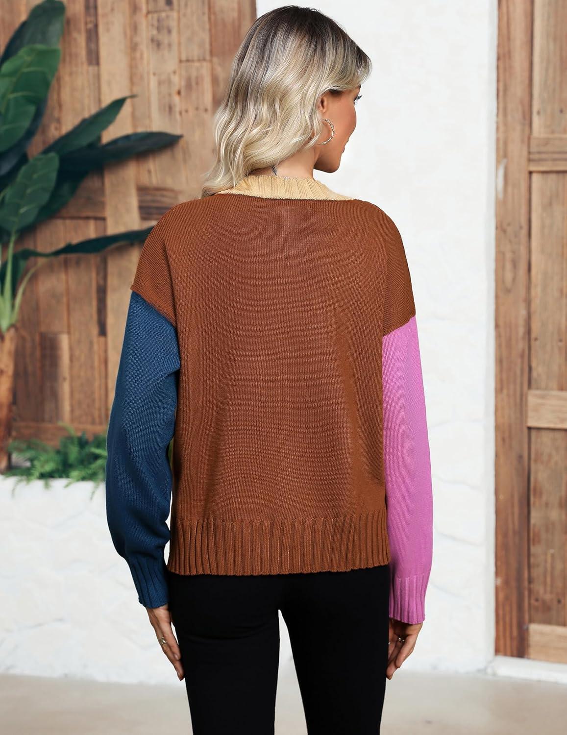 imageZeagoo Womens Cropped Cardigan 2025 Fall Button Sweaters V Neck Long Sleeve Cardigans Knit OutwearColorblockbrown