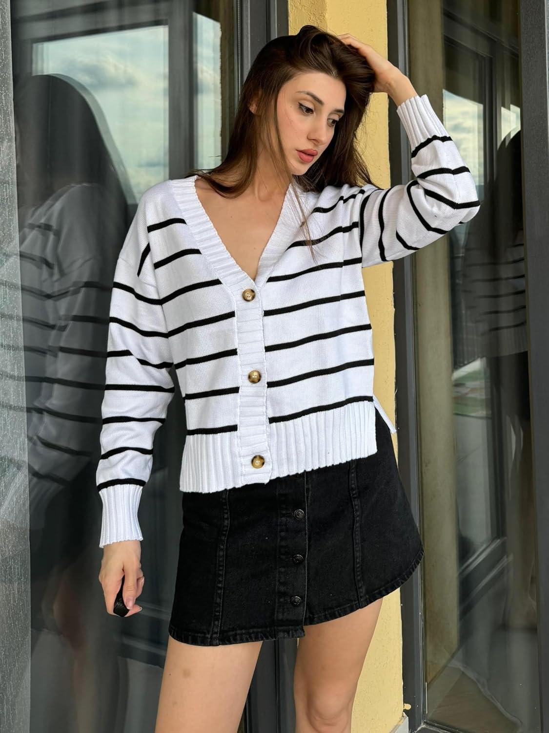 imageZeagoo Womens Cropped Cardigan 2025 Fall Button Sweaters V Neck Long Sleeve Cardigans Knit OutwearStripes White