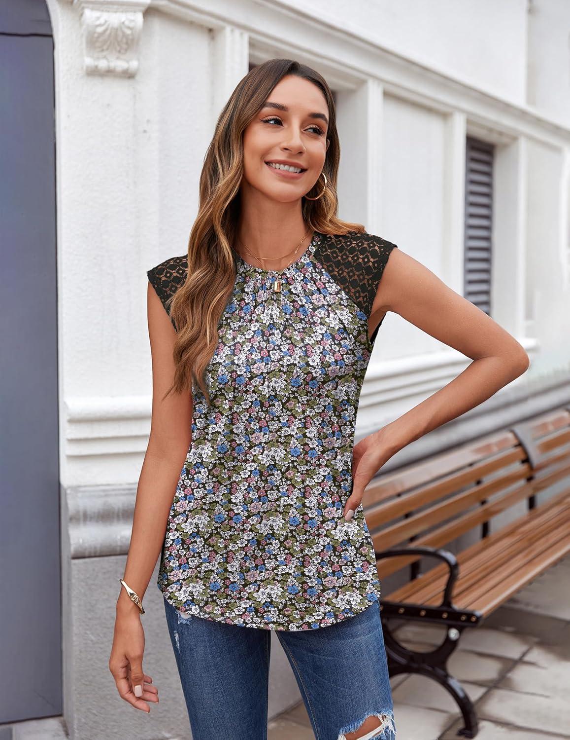 imageZeagoo Womens Lace Cap Sleeve Tank TopFloral Green