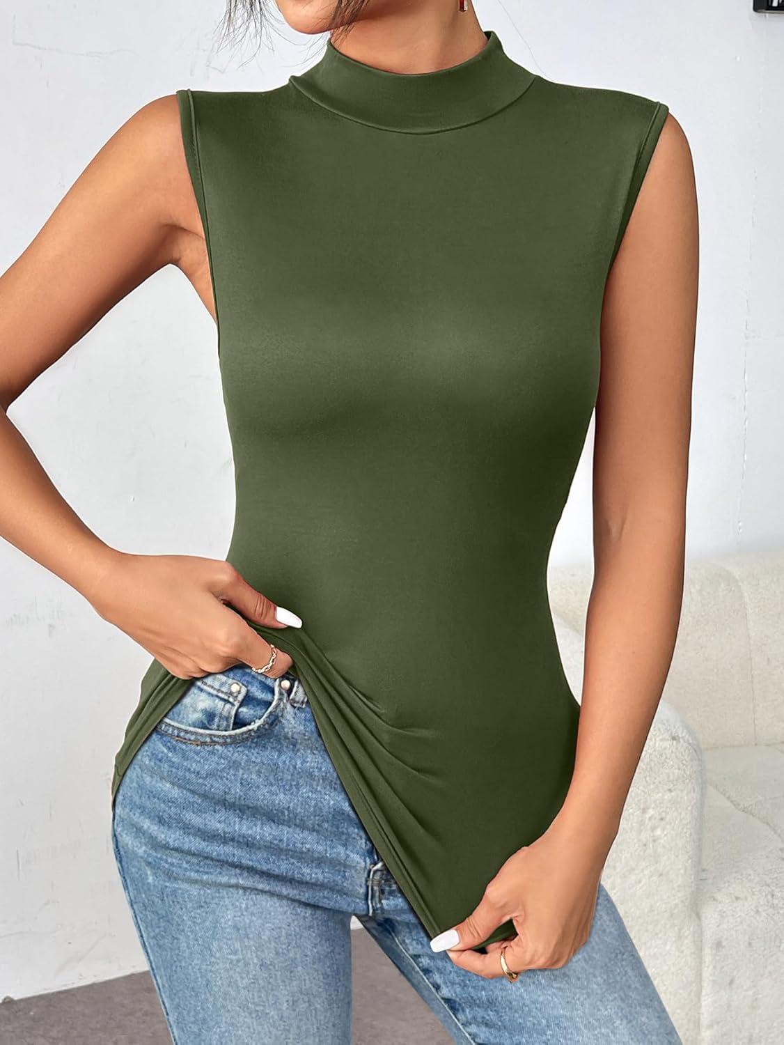 imageZeagoo Womens Mock Turtleneck Tank Tops 2026 Slim Fitted Sleeveless Top Stretchy Basic Casual Layer Tee ShirtsArmy Green