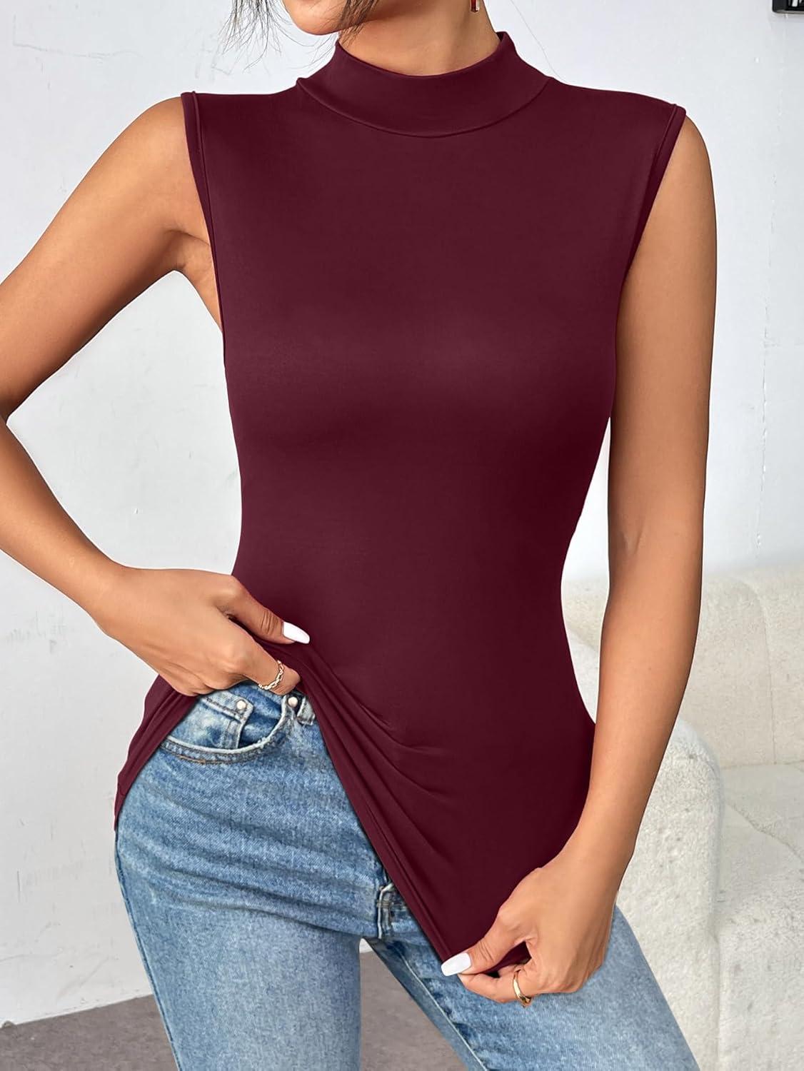 imageZeagoo Womens Mock Turtleneck Tank Tops 2026 Slim Fitted Sleeveless Top Stretchy Basic Casual Layer Tee ShirtsDeep Red