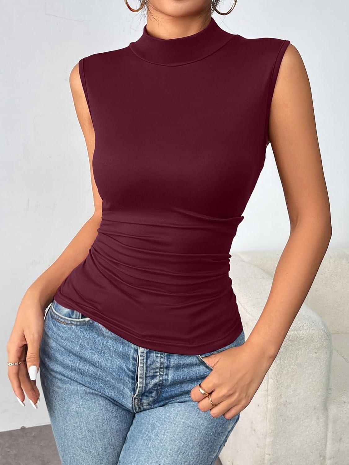 imageZeagoo Womens Mock Turtleneck Tank Tops 2026 Slim Fitted Sleeveless Top Stretchy Basic Casual Layer Tee ShirtsDeep Red
