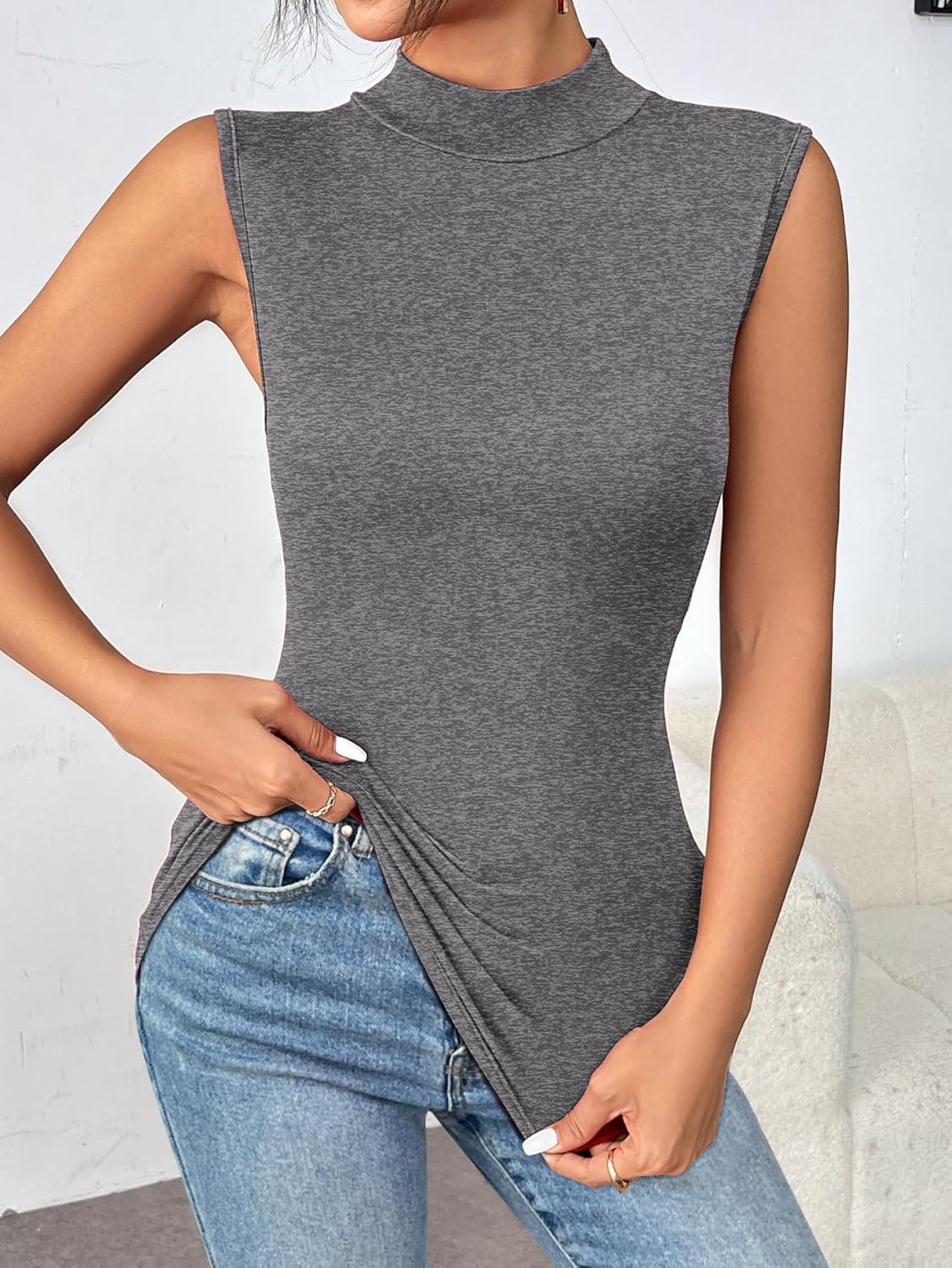 imageZeagoo Womens Mock Turtleneck Tank Tops 2026 Slim Fitted Sleeveless Top Stretchy Basic Casual Layer Tee ShirtsGrey